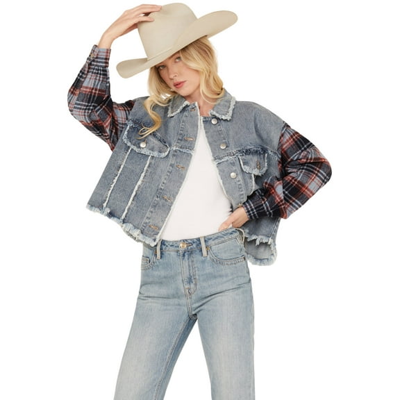 Miss Me Women's Medium Wash Denim Plaid Crochet Back Cropped Jacket - MJ0513L   US