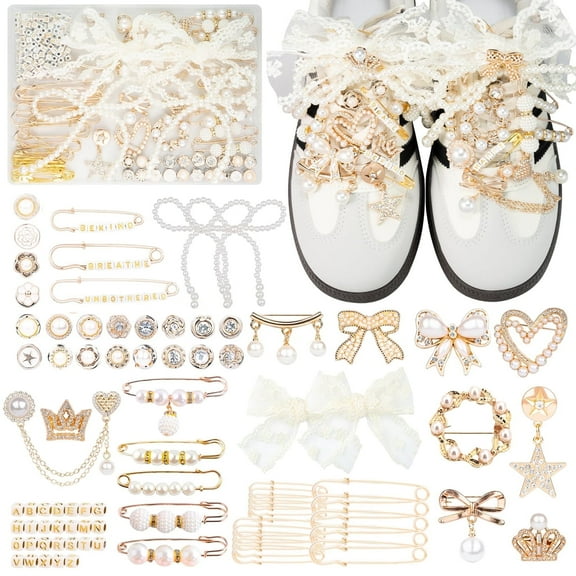 80 Pcs Boxed Junk Socks Charms Kit for Women, Gold Bling Jewelry Charms with Pearl Rhinestone Brooch Safety Pins Lace Bows and Letters for Shoes Sneakers Hats