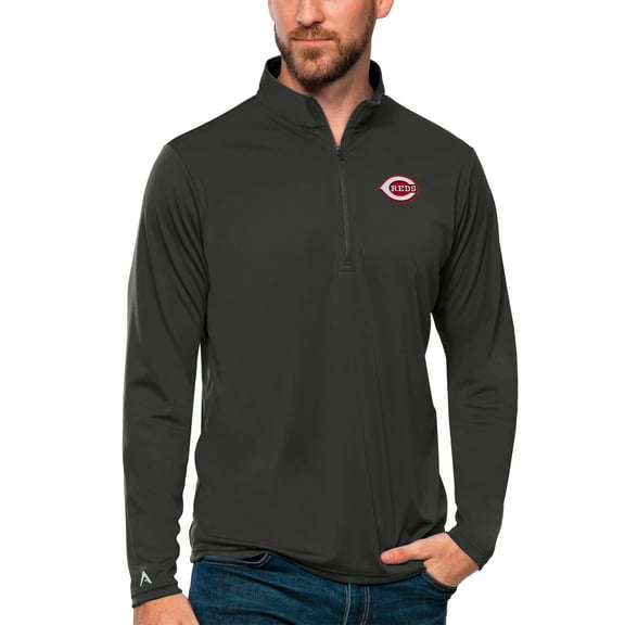 Men's Antigua Charcoal Cincinnati Reds Tribute Quarter-Zip Pullover Top