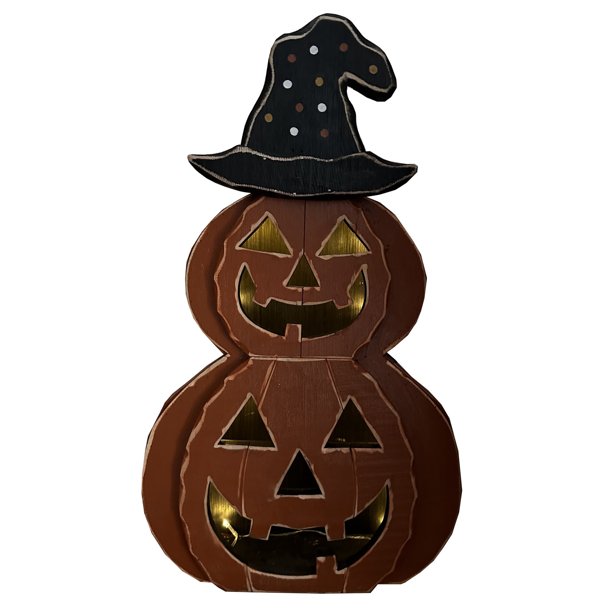 25in Wooden Lighted Jack O Lantern with Hat and Timer Battery Operated Halloween Decor