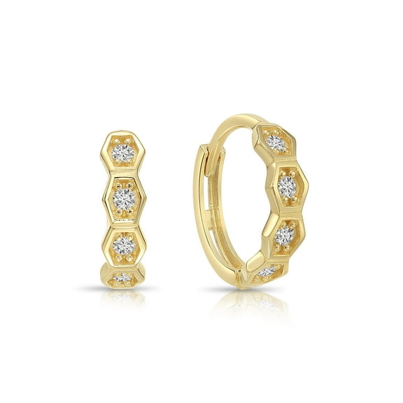 Tilo Jewelry 14K Yellow Gold Gold Honeycomb Hexagon Huggie Hoop Earrings with Cubic Zirconia CZ Stones | 12mm Small | Dainty Everyday Earrings for Women & Unisex