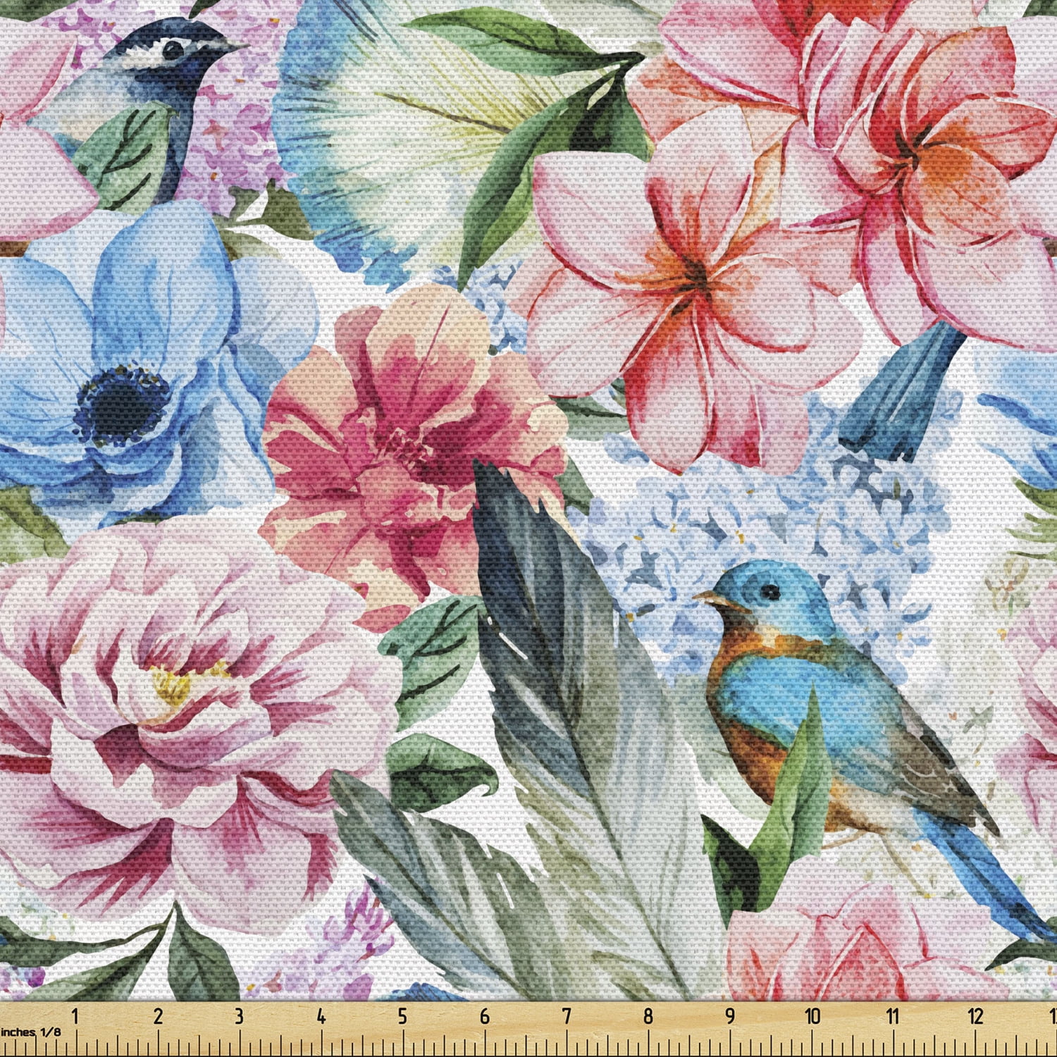 Aqua Multi Drapery Upholstery Fabric Stain Repellant Birds on Flowers Design 