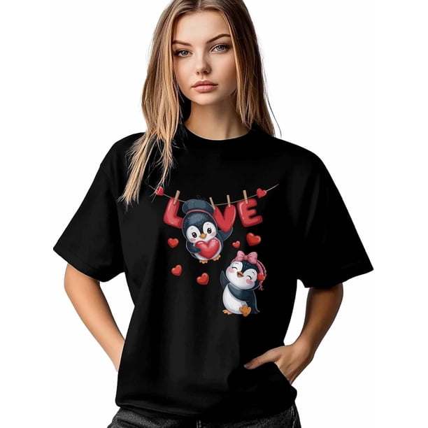 Women's T-Shirt,Short Sleeve Tee Shirts Casual Tops Valentine's Day Penguin Love Crewneck T Shirt for Women