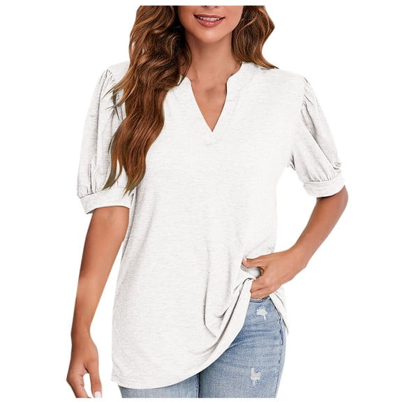 XuJwPNcy Women's Casual V Neck T-Shirts Short Sleeve Summer Cute Tunic Tops Loose Comfy Solid Color Basic Blouses