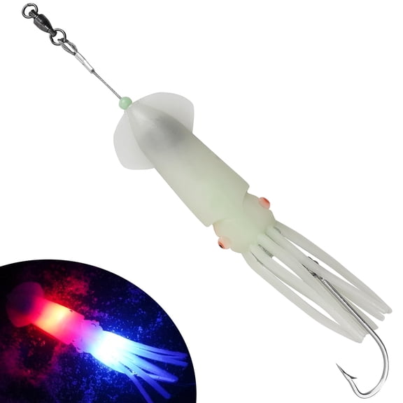 Saltwater Fishing Squid Lures Lighted Glow in the Dark LED Fishing Lures Soft Squid Jig Halibut Lingcod Salmon Trolling Lures Deep Drop Light Flasher Offshore Lures Mackerel Tuna Grouper Striper Lure