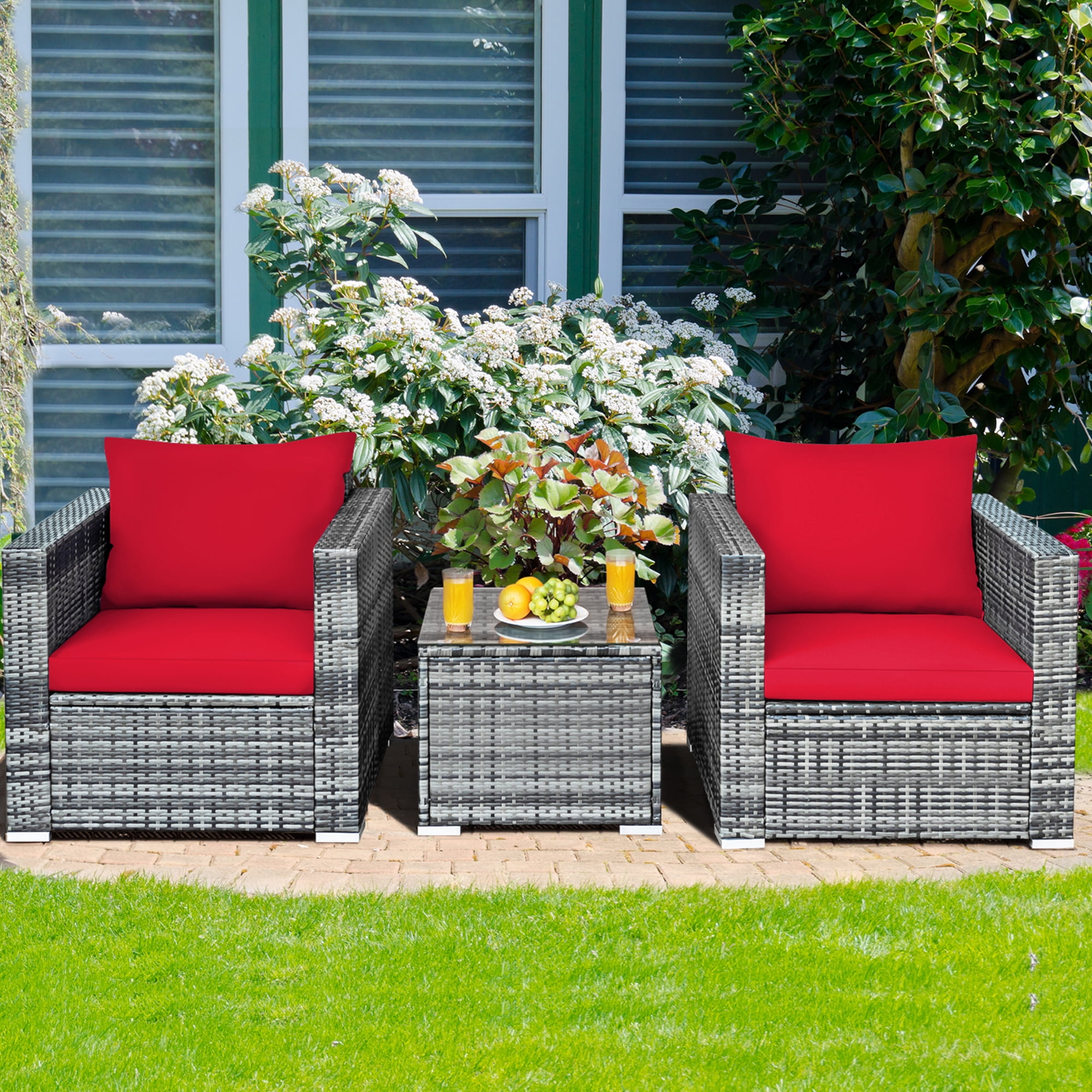 Gymax 3-Pieces Patio Conversation Rattan Furniture Set Outdoor with Red Cushion