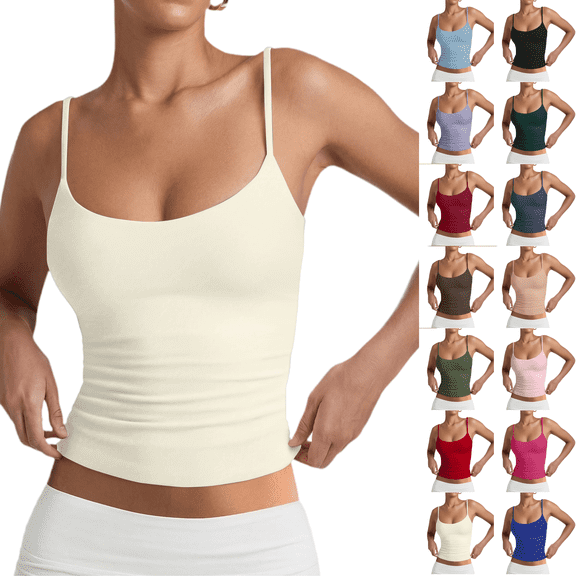 Women's Double Lined Basic Tank Top Adjustable Spaghetti Straps Sleeveless Camisole Shirts White S