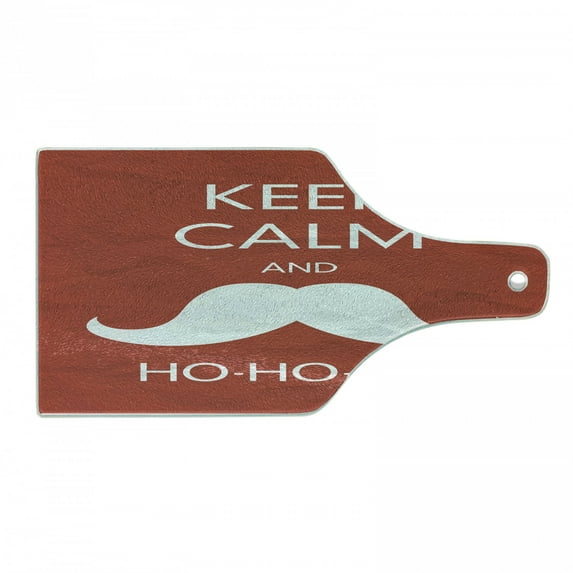 Keep Calm Cutting Board, Words the Iconic Santa Mustache Joyful Christmas Feliz Navidad, Decorative Tempered Glass Cutting and Serving Board, Wine Bottle Shape, Red Coconut, by Ambesonne
