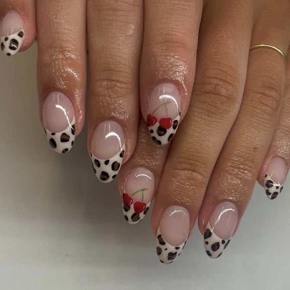 24 Pieces Leopard Cherries Print Short French Almond Press On Nail for Women Nail Art Faux Nail Glues On Nail Manicure