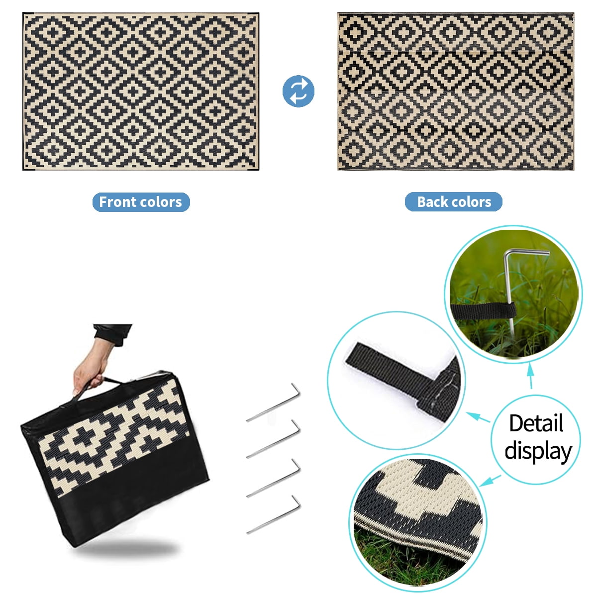Kzaei Waterproof Outdoor Rug, 4'x6' Reversible Plastic Camping Area Rugs, Black & Beige