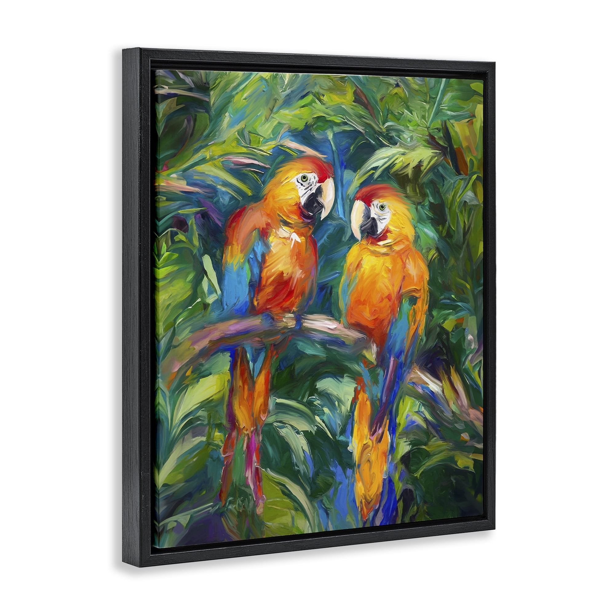 Stupell Industries Rainforest Parrot Branch Animals & Insects Painting Black Floater Framed Canvas Art Print Wall Art, 17 x 21