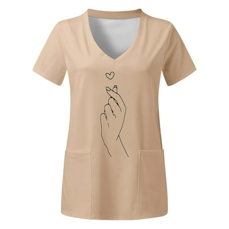 

Women Scrubs Top Working Uniform Nurses Clothing Workwear Plus Size Top V-Neck Short Sleeve Pockets Letter Printed T-Shirt Streetwear