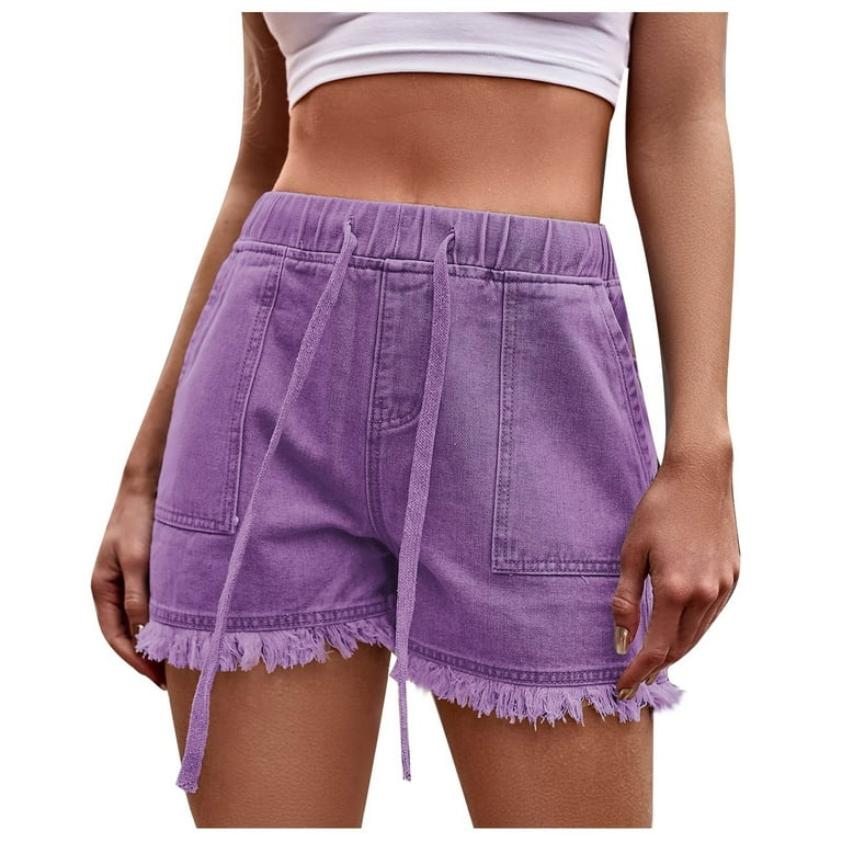 Shorts for Women Aoujea Summer Plus Size Womens Summer Solid Color Drawstring Frenulum Leisure Pocket Edge Denim Pants Casual Shorts Purple On