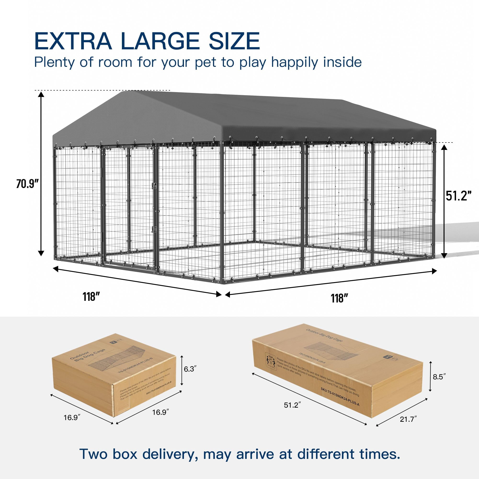 Large Heavy Duty Dog Kennel Outdoor, 118 x 118 x 70.9 Inch Galvanized Steel Dog Cage with Roof, Double Security Lock Pet Enclosure Fence, Black