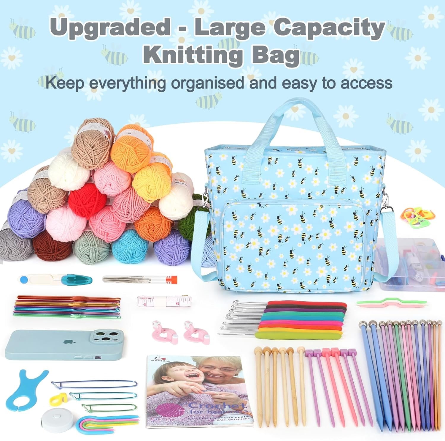 Yarn Storage Organizer Travel Crochet Bag, Large Capacity Tote Bag Knitting Bag for Carrying Projects, Knitting , Crochet Hooks and Yarn, Blue Floral and Bees