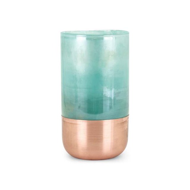 Benzara BM195460 Cylindrical Shape Glass Vase with Curved Metal Bottom, Green & Copper - Small