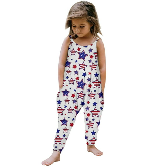 Ruyang 4th Of July Girls Jumpsuit Independence Day Clothes Kid American Flag Patriotic Summer USA Set Toddler Romper Sleeveless