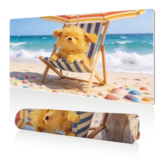 LIVEKEY Mouse Pad 80x40x0.3cm Beach Puppy Design Full Coverage Non Slip Durable Easy Clean Stitched Edges for Gaming Office