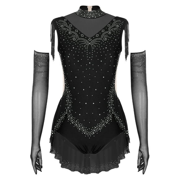 Rswnyirn Women's Sparkly Rhinestones Tassel Shoulder Bodysuit Dance Leotard Birthday Party Showgirl Outfit with Gloves Black XL