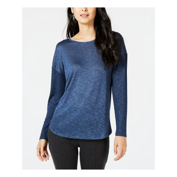 INC $60 Womens New 1253 Blue Mixed Media Long Sleeve Jewel Neck Top L B B