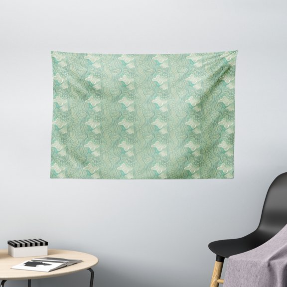 Green Tapestry, Lace Style Graphic Pattern of Flourishing Forest Elements Butterflies, Wall Hanging for Bedroom Living Room Dorm Decor, 60W X 40L Inches, Pale Green Turquoise Teal, by Ambesonne