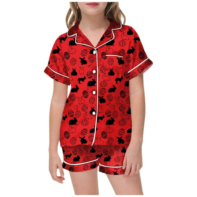 MIASHUI Ensemble de Pyjama de Pâques 2 Pcs Garçon Fille Haut à Manches Courtes et Pantalon, Rouge, 4-5 Ans