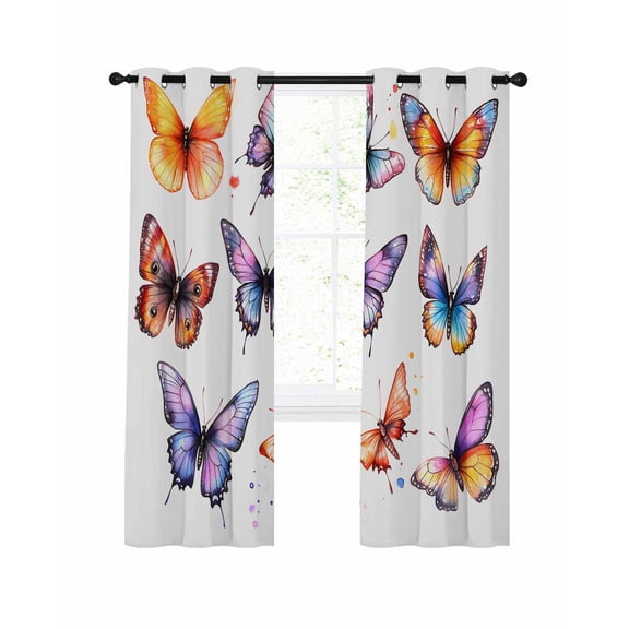 Modern Butterfly Blackout Curtains, Light Blocking Print Window Curtains, Spring Summer Watercolor Rustic Thermal Insulated Window Drapes for Living Room Kitchen Cafe 2 Panels, 104"W x 52"L