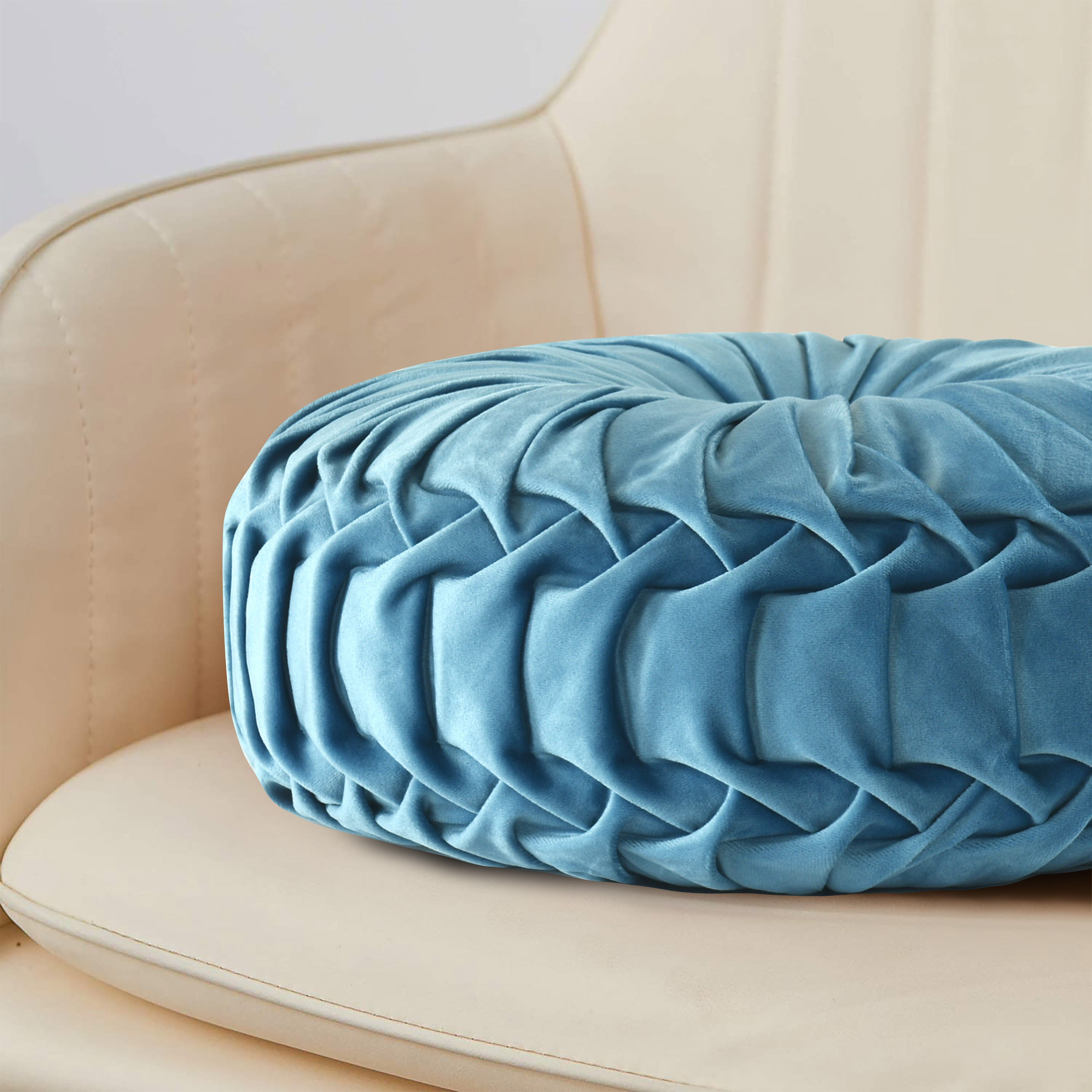 HIG Set of 2 Pumpkin Pleated Round Throw Pillows, Soft Velvet, Dusty Blue, 14.5" Diameter