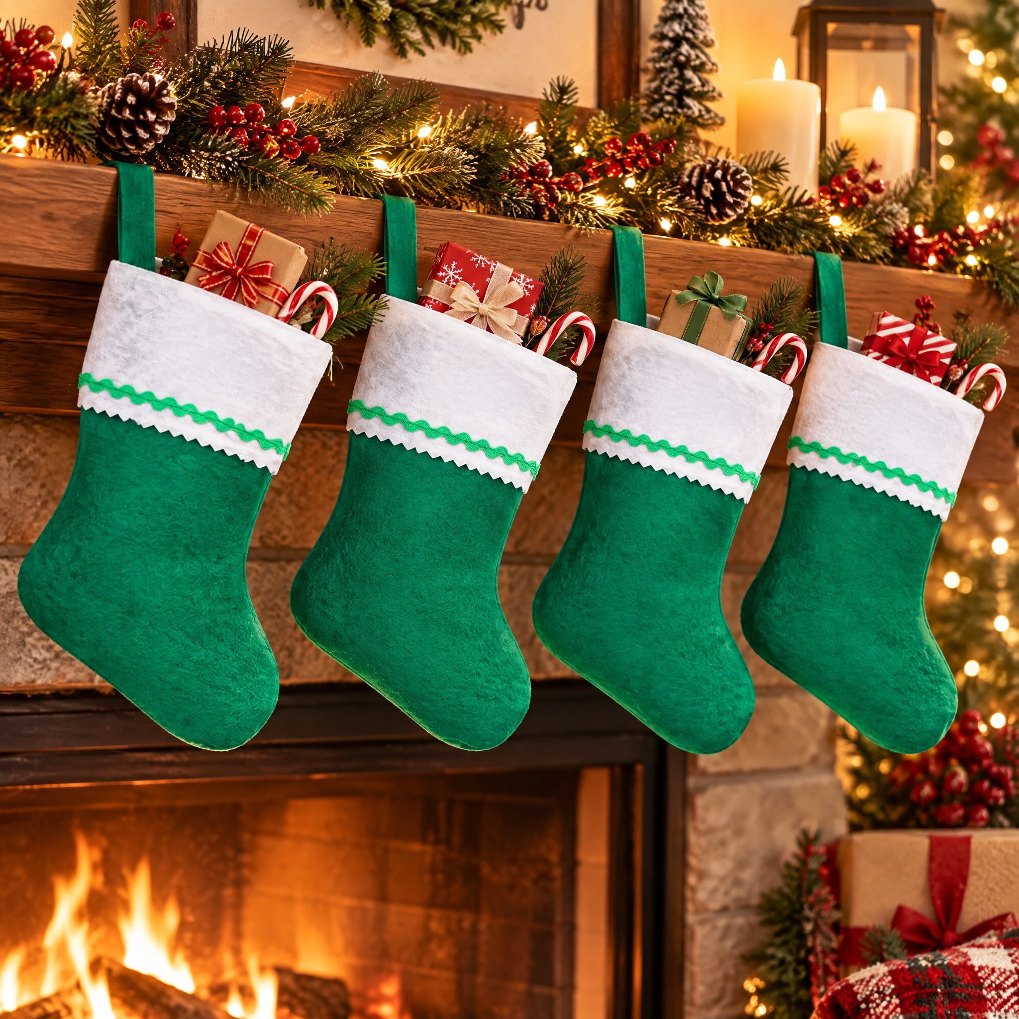 Mini Christmas Stockings, Green and White, 6", 4 Count, by Holiday Time