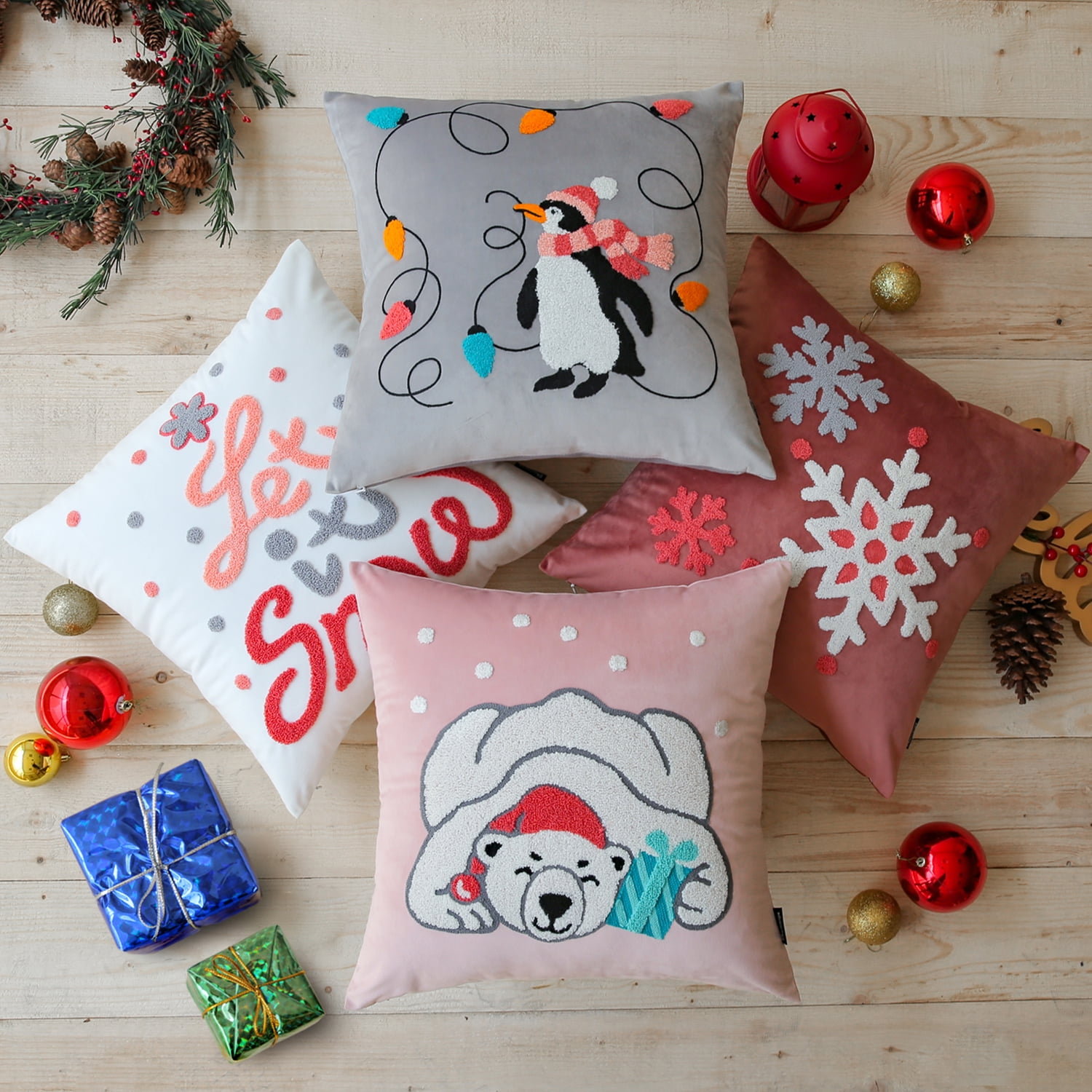 Phantoscope Merry Christmas Velvet Embroidered Penguin Bear Decorative Throw Pillow Cover, 18" x 18", Pink Snowflake, 4 Pack