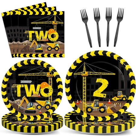 25 Guests Construction Birthday Party Supplies Plates Napkins Forks Set Disposable Dump Truck 2nd Birthday Party Decorations Tableware Dinnerware Two Years Old Baby Party Favors
