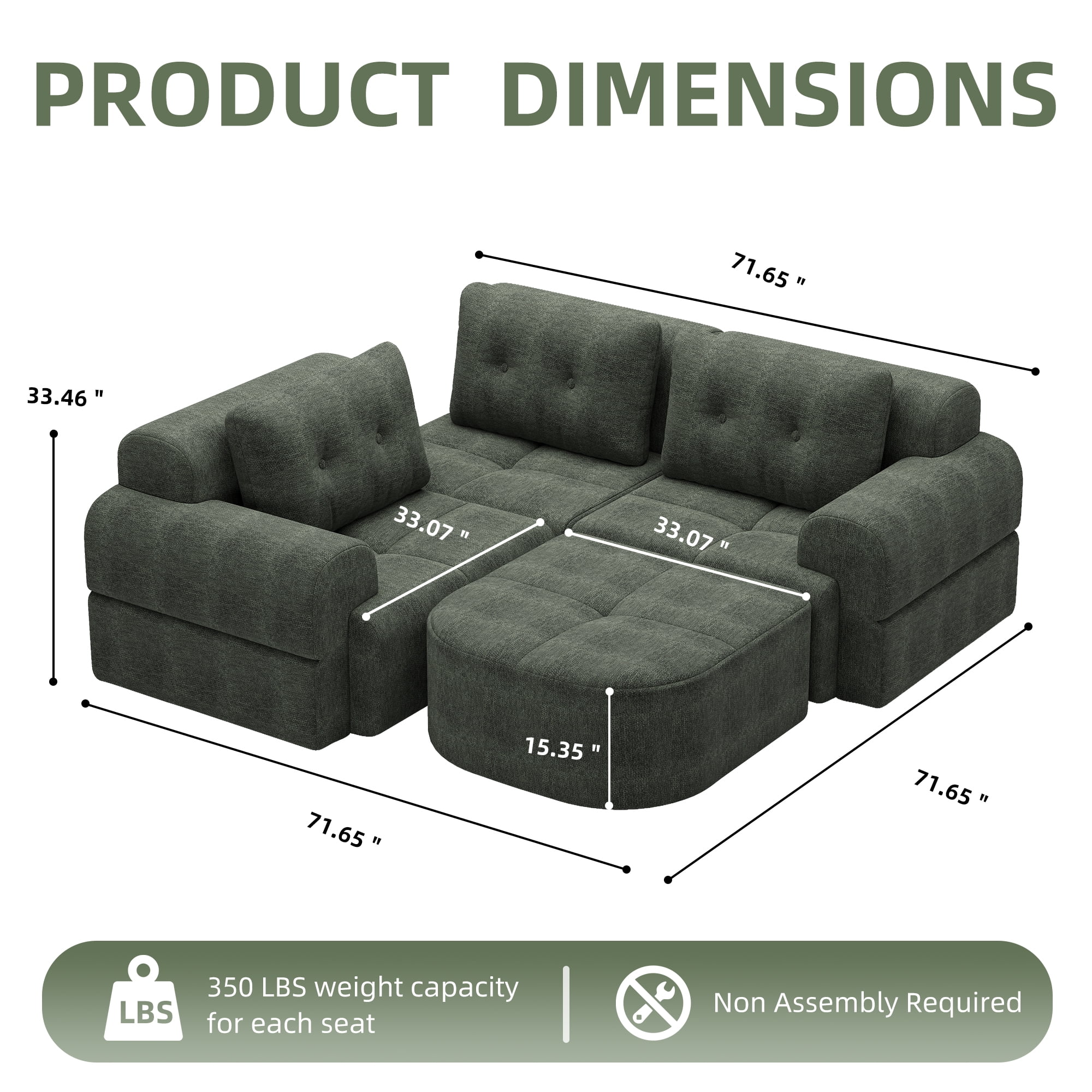 Modular Sectional Sofa with Chaise and Full-Foam Structure, 112-Inch Oversized Couch with Woven Texture Upholstery for Living Room, Blackish Green