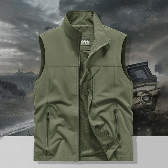 Vest for Men Mens Solid Fishing Vest Full Zip Sleeveless Casual Outerwear Jacket Outdoors Work Travel Photo Vest with Multi Pockets Mens Jacket Army Green L