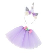 2pcs Lovely Unicorn Horn Headband Tutu Dress Skirt Princess Girls Party Clothes Light Purple