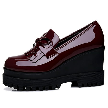 

Women‘s Bowknot Platform Loafers Patent Leather Slip On Shoes Round Toe Walking Shoes