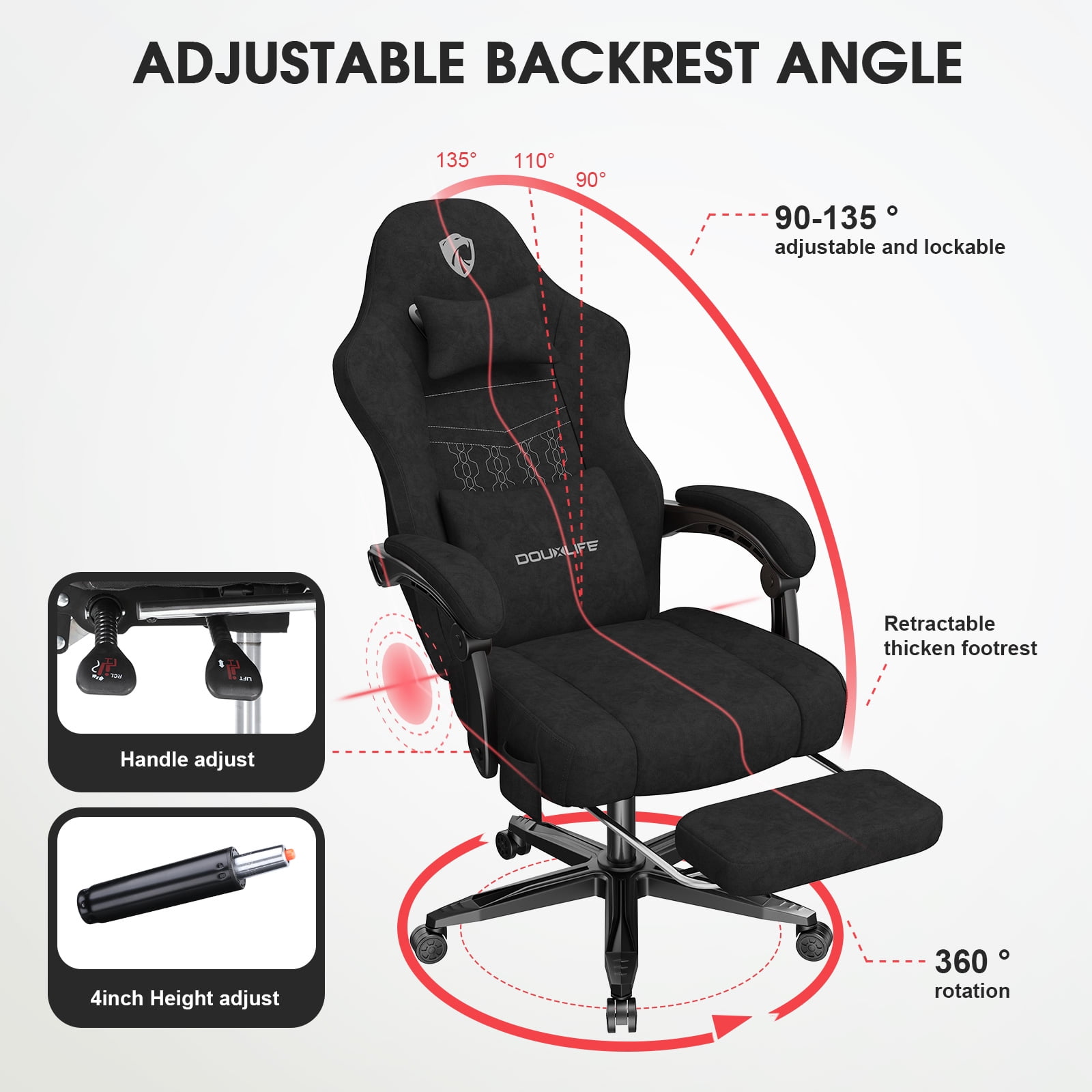 Gaming Chairs,Douxlife Heavy Duty Extra Large Gaming Chairs with Footrest and Breathable Fabric,Ergonomic Computer Chairs Office Chairs With 350LBS Load Bearing,Black