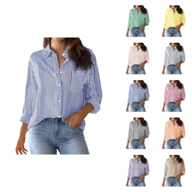 Striped Womens Long Sleeve Shirts 2026 Trendy Button Down Lapel Collared Blouse Shirt