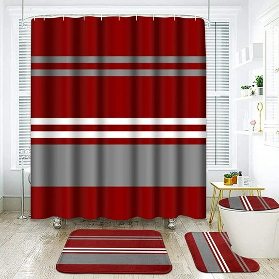 Stripes Colorful Grey Red Line Shower Curtain Sets Non-Slip Rugs Toilet Cover Bath Mats Vintage Abstract Geometry Bathroom Decor
