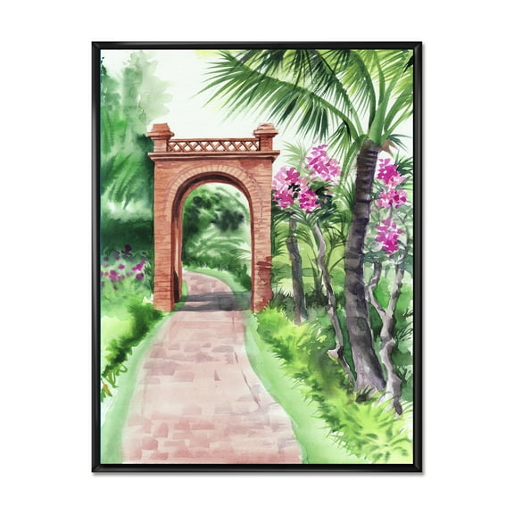 Designart 'Traditional Gate On Path In Tropical Oasis' Tropical Framed Canvas Wall Art Print