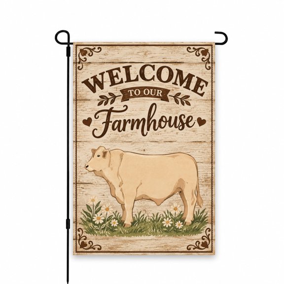 Welcome to Our Farmhouse Garden Flag with Cow Design, 12 x 18 Inch Rustic Outdoor Decor for Yard, Lawn, Patio, or Porch - Perfect Farmhouse Vibe