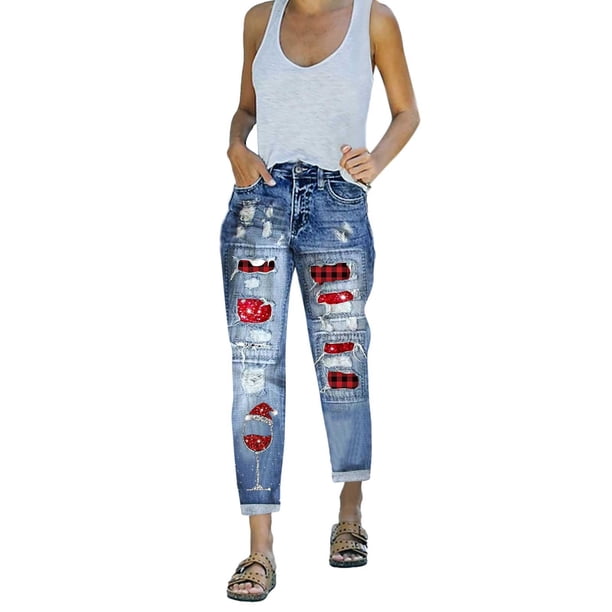 Pantalones de mujer de mezclilla Gibobby estampados rasgados navideños rectos de cintura alta Anaranjado L