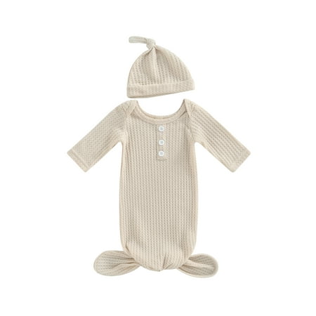 

Nokpsedcb Newborn Baby Waffle Knit Swaddle Round Neck Long Sleeve Button Decor Chest Loose Hem Blanket Wrap + Hat Apricot 0-3 Month