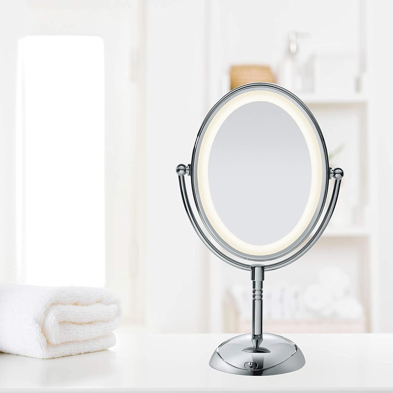 Conair Double-Sided Lighted Vanity Mirror with LED Lights, 1x/7x Magnification, Satin Nickel, BE157 - image 5 of 8