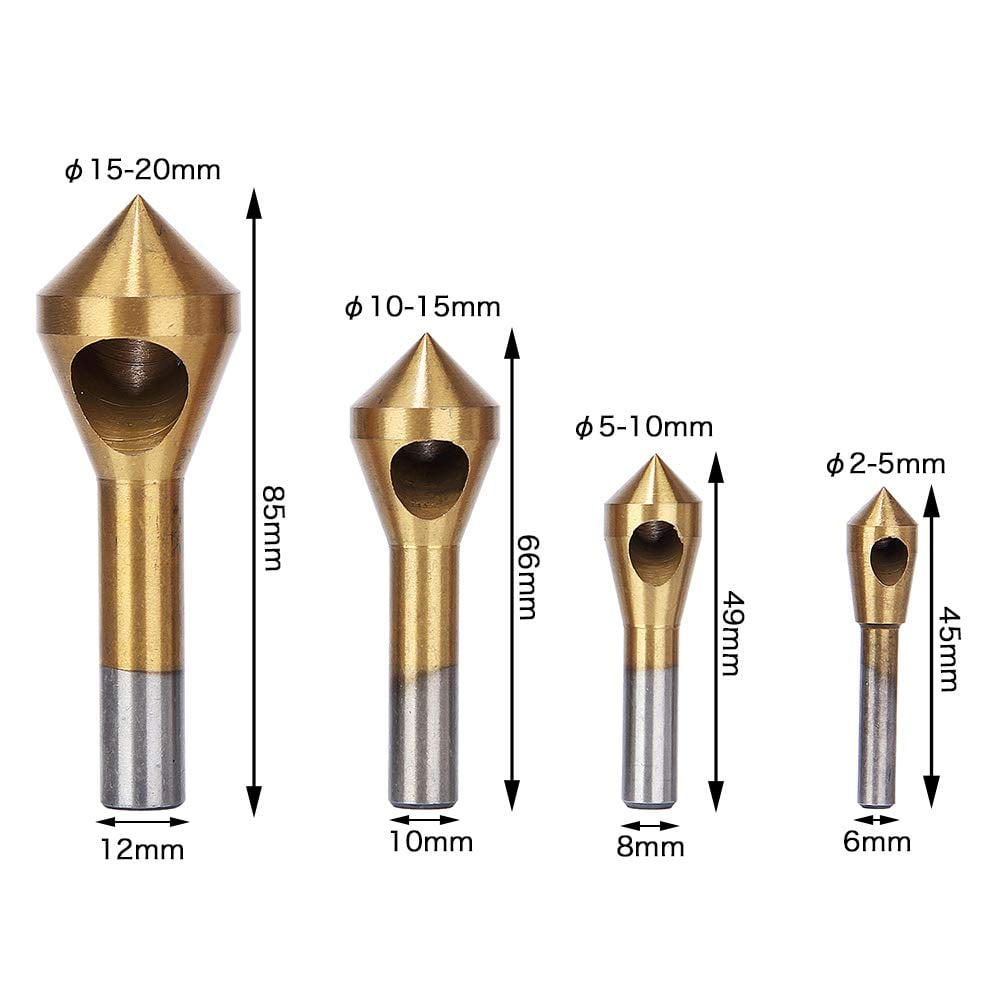 4pcs Titanium Coated Countersink Chamfer Tool Deburring Tool Set Metal Wood Drill Bits 2-5mm 5-10mm 10-15mm 15-20mm （gold)