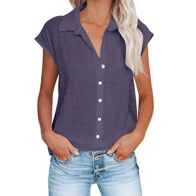 Timegard Hauts Grande Taille pour Femmes Coton Lin Manches Courtes Col en V Boutonné Blouse Décontractée