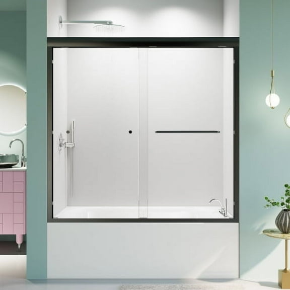 TEXBM 56"-60"W Semi-Frameless Double Sliding Tub Door, 1/4" Tempered Glass, Matte Black, Adjustable Width Bypass Shower Enclosure, Easy Installation