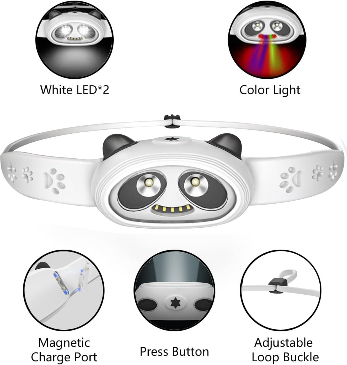 Panda Design Rechargeable LED Headlamp for Kids & Adults Waterproof, 6 Modes, 24H Battery, Adjustable & Comfortable for Camping, Fishing, Running, Reading(White)