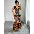 thumbnail image 4 of Black Bohemian Floral Print Tie-Shoulder Smocked Waist Maxi Dress For Summer Vacation, 4 of 8