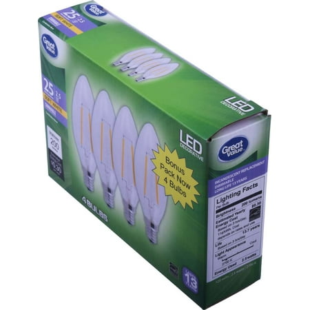 - Great Value Decorative LED Light Bulb, Soft White, Dimmable, 2.5W (25W Equivalent), 4 Count