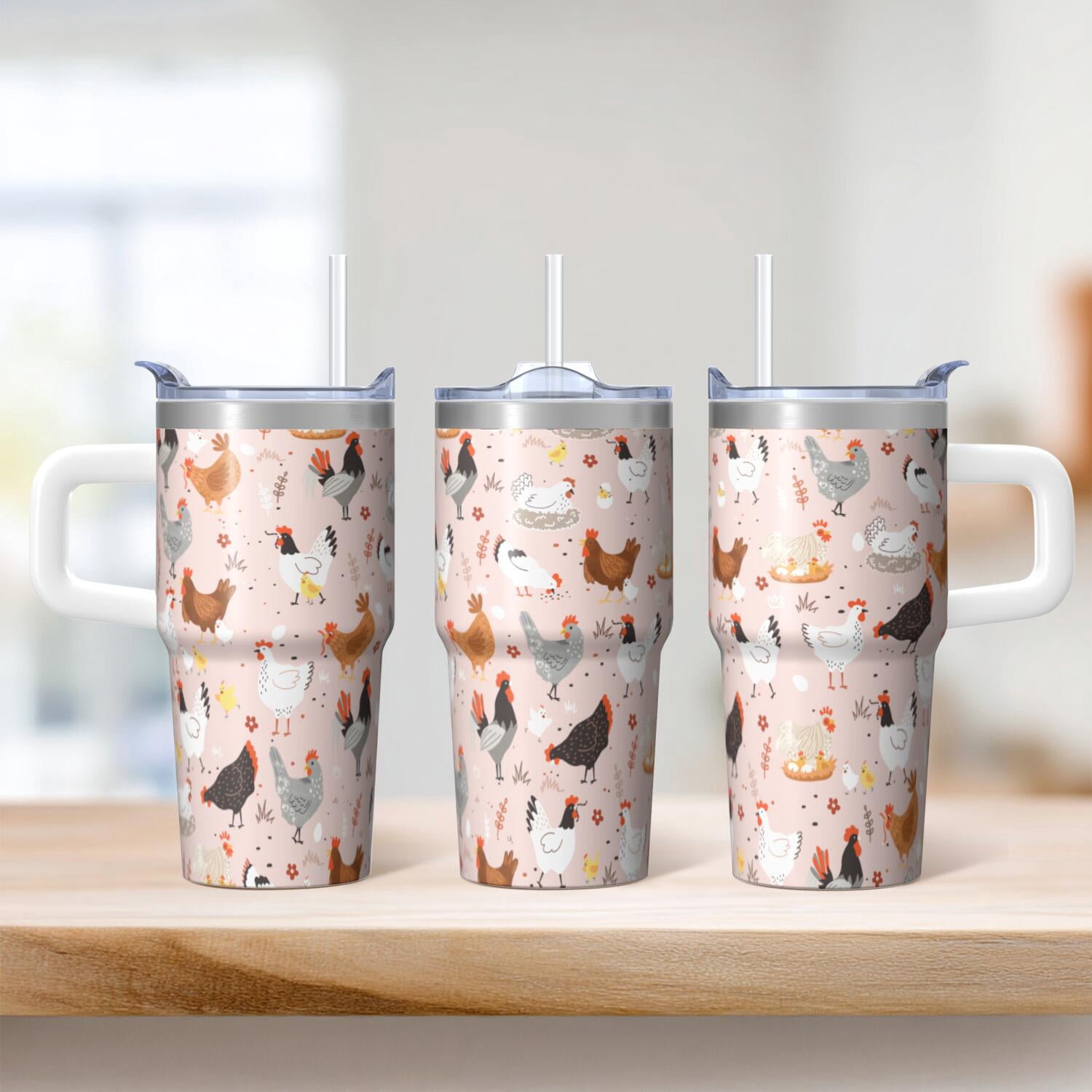 20oz Chicken Character Tumbler with Handle Classic Birthday Christmas Gift for Chicken Fans Women Men Insulated Travel Mug Fits Car Cup Holders Comfortable Grip Durable Material Daily Hydration